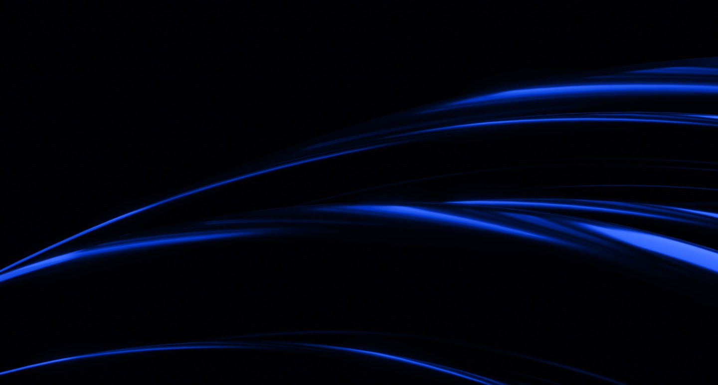 This image features smooth, flowing blue light trails against a dark black background, creating an abstract and futuristic visual design.